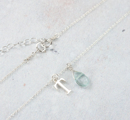 Initial & Aquamarine Droplet March Birthstone Necklace