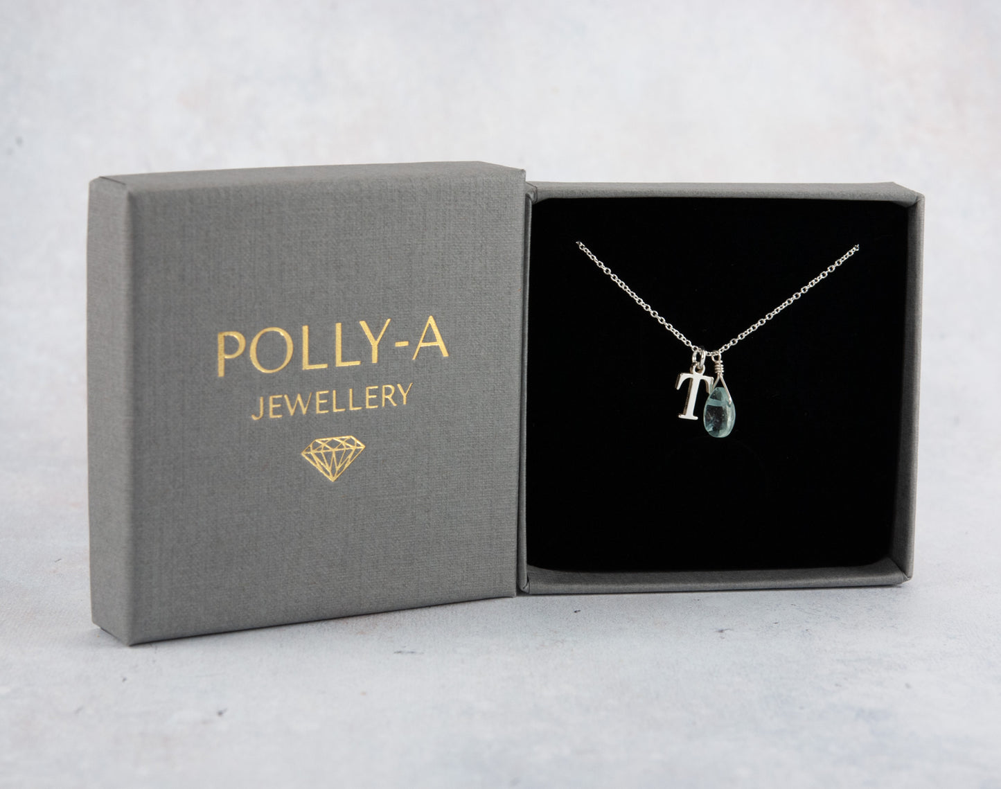 Initial & Aquamarine Droplet March Birthstone Necklace