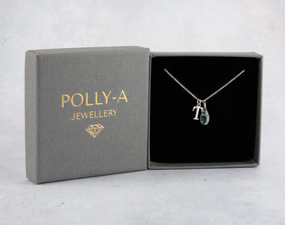 Initial & Aquamarine Droplet March Birthstone Necklace
