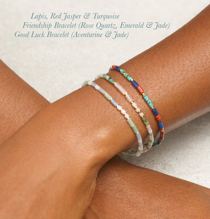 Friendship Gemstone Bracelet -  Rose Quartz, Emerald & White Jade