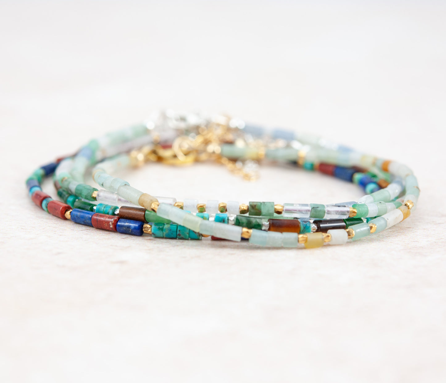 Friendship Gemstone Bracelet -  Rose Quartz, Emerald & White Jade
