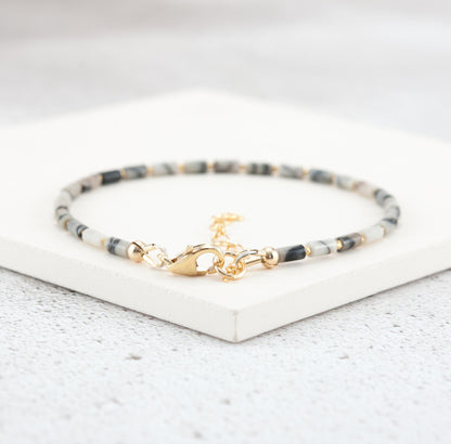 Dainty Spider Web Jasper Gemstone Tube Bead Bracelet