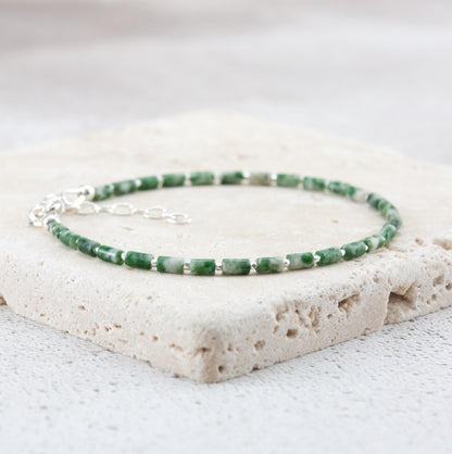 Dainty Green Spot Jasper Gemstone Tube Bead Bracelet