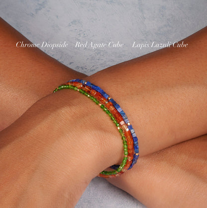 Dainty Lapis Lazuli Gemstone Cube Bead Bracelet