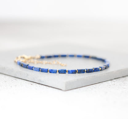 Dainty Lapis Lazuli Gemstone Cuboid Bead Bracelet