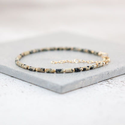 Dainty Dalmatian Jasper Gemstone Tube Bead Bracelet