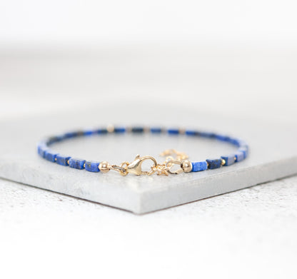 Dainty Lapis Lazuli Gemstone Cuboid Bead Bracelet