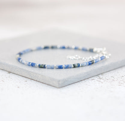 Dainty Blue Spot Jasper Gemstone Tube Bead Bracelet