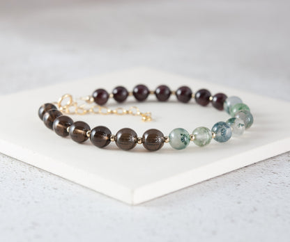 Grounding Gemstone Bracelet (Smoky Quartz, Moss Agate & Garnet)