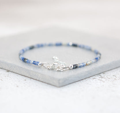 Dainty Blue Spot Jasper Gemstone Tube Bead Bracelet