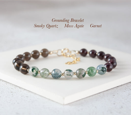 Grounding Gemstone Bracelet (Smoky Quartz, Moss Agate & Garnet)