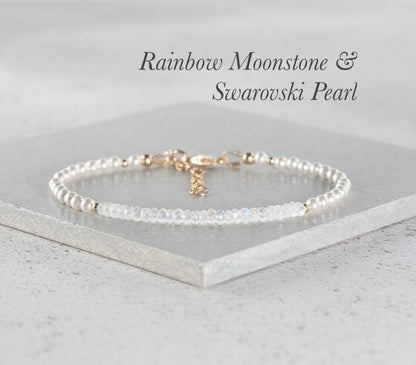 Rainbow Moonstone and Pearl Gemstone Bracelet