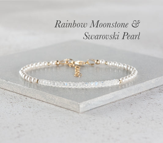 Rainbow Moonstone and Pearl Gemstone Bracelet