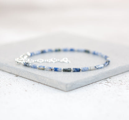 Dainty Blue Spot Jasper Gemstone Tube Bead Bracelet