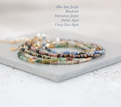 Dainty Blue Spot Jasper Gemstone Tube Bead Bracelet