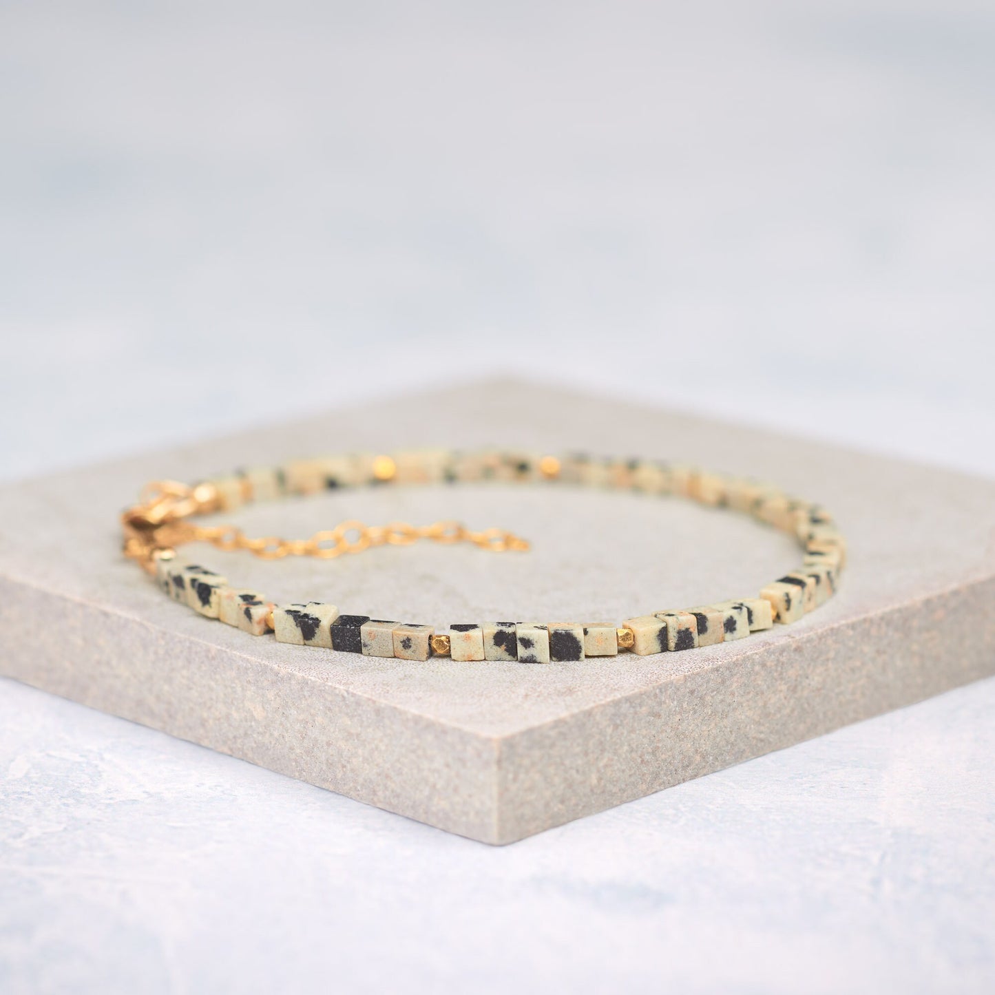 Dainty Dalmatian Jasper Gemstone Cube Bead Bracelet