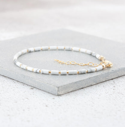 Dainty Howlite Gemstone Tube Bead Bracelet