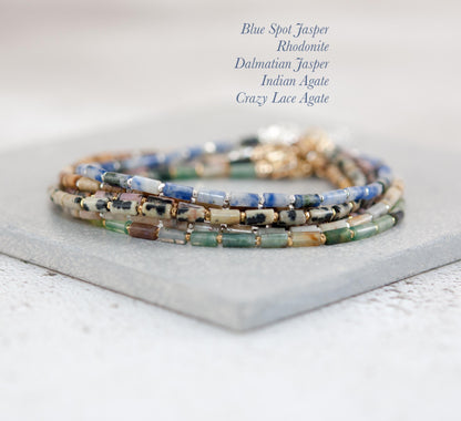 Dainty Rhodonite Gemstone Tube Bead Bracelet