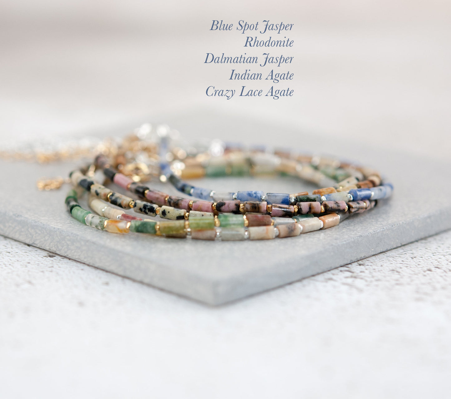 Dainty Crazy Lace Agate Gemstone Tube Bead Bracelet
