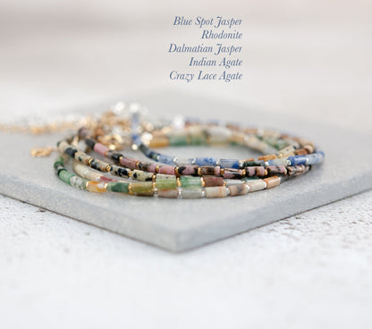 Dainty Crazy Lace Agate Gemstone Tube Bead Bracelet