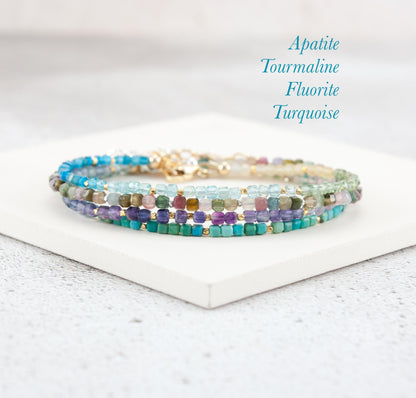 Dainty Turquoise Gemstone Cube Bead Bracelet