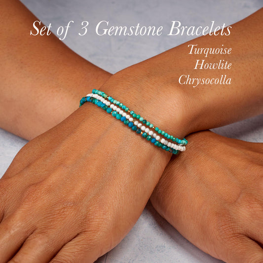 Set Of 3 Dainty Gemstone Stacking Bracelets (Turquoise, Howlite & Chrysocolla)
