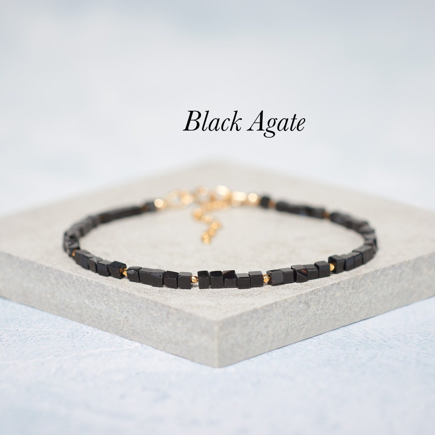 Dainty Black Agate Cube Bead Gemstone Bracelet