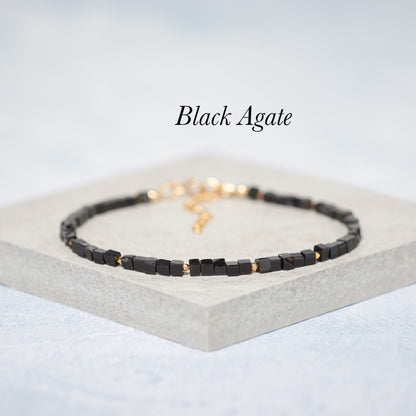 Dainty Black Agate Cube Bead Gemstone Bracelet