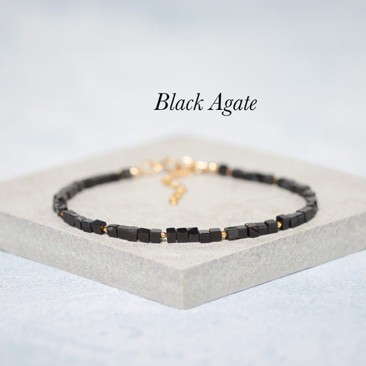 Dainty Black Agate Cube Bead Gemstone Bracelet