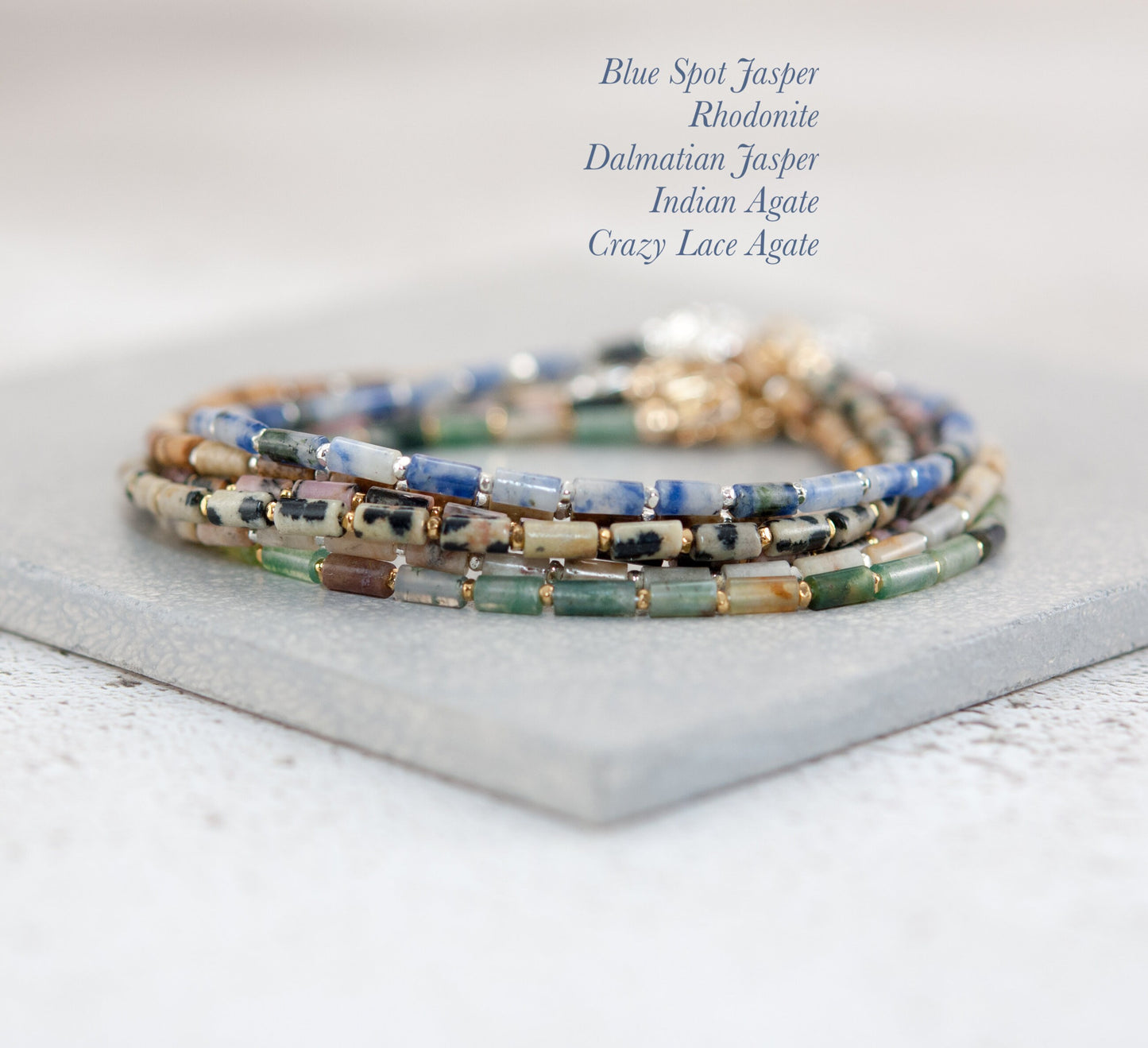 Dainty Crazy Lace Agate Gemstone Tube Bead Bracelet