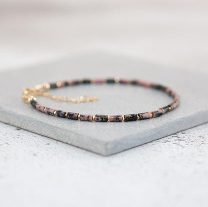 Dainty Rhodonite Gemstone Tube Bead Bracelet