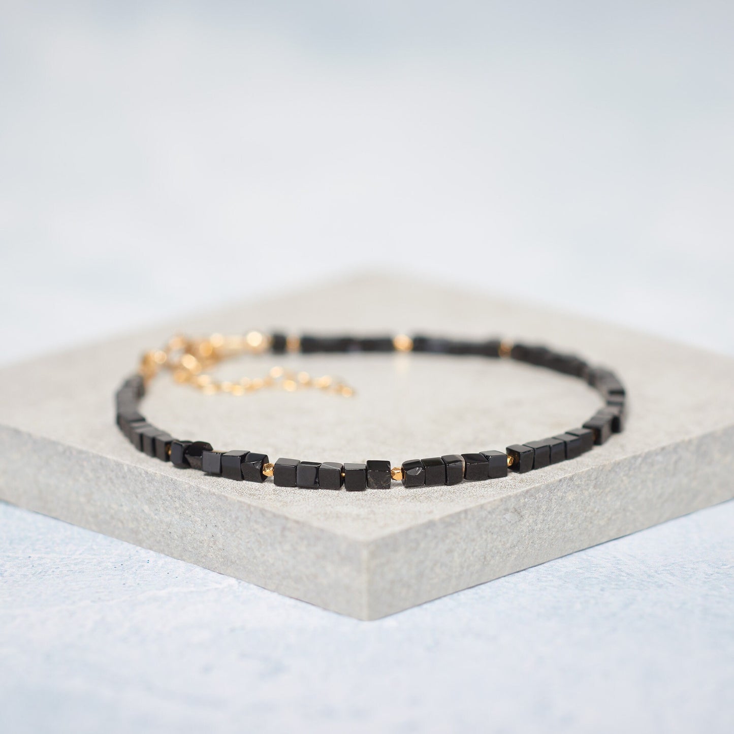 Dainty Black Agate Cube Bead Gemstone Bracelet