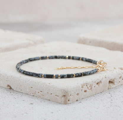 Dainty Snowflake Obsidian Heishi Bead Bracelet
