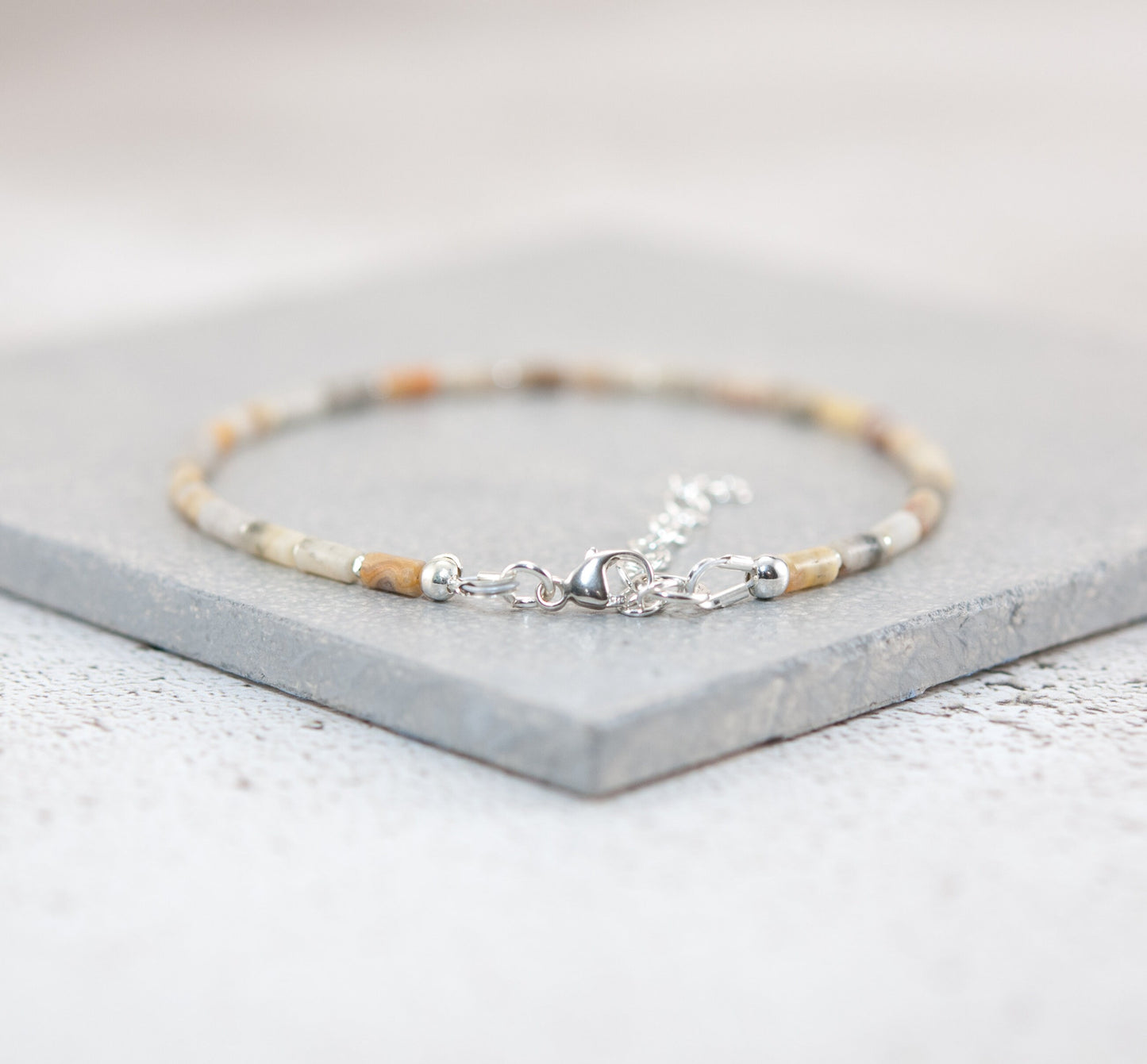 Dainty Crazy Lace Agate Gemstone Tube Bead Bracelet