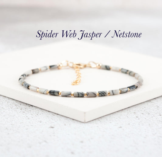 Dainty Spider Web Jasper Gemstone Tube Bead Bracelet