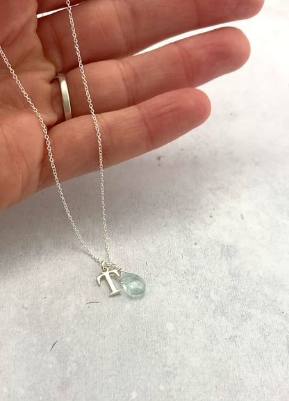 Initial & Aquamarine Droplet March Birthstone Necklace