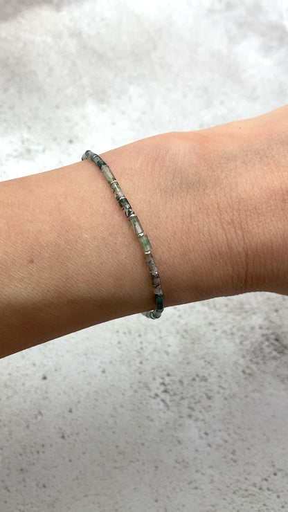 Dainty Green Moss Agate Gemstone Tube Bead Bracelet