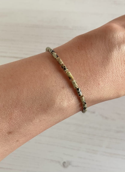 Dainty Dalmatian Jasper Gemstone Tube Bead Bracelet