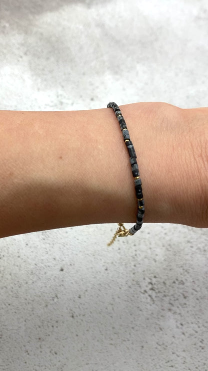 Dainty Snowflake Obsidian Heishi Bead Bracelet