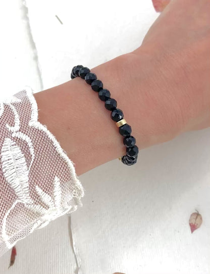 Black Onyx & 14k Gold Fill / 925 Sterling Silver Rondelle Gemstone Bracelet