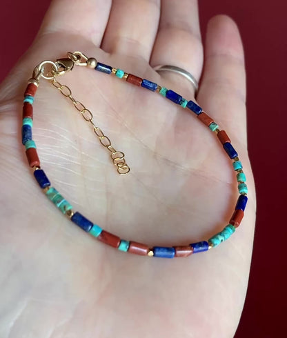Lapis Lazuli, Turquoise & Red Jasper Gemstone Tube Bead Bracelet