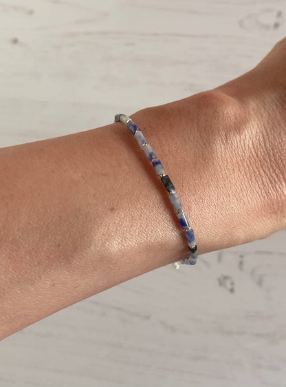 Dainty Blue Spot Jasper Gemstone Tube Bead Bracelet
