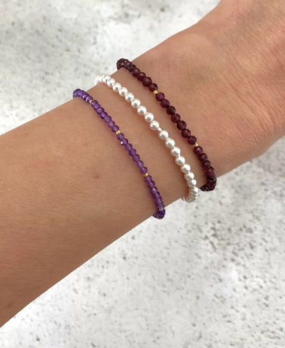 Set Of 3 Dainty Stacking Bracelets (Amethyst, Pearl & Garnet)