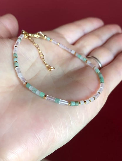 Friendship Gemstone Bracelet -  Rose Quartz, Emerald & White Jade