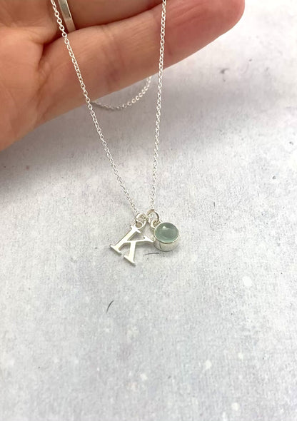Initial & Aquamarine March Birthstone Necklace