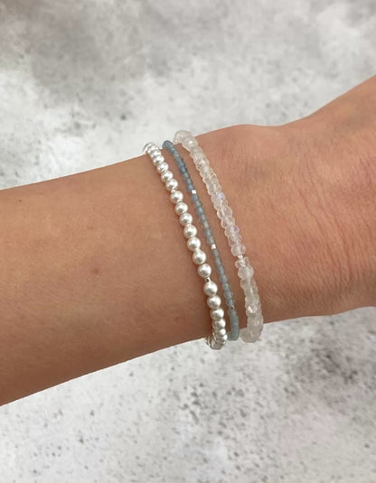 Set Of 3 Dainty Stacking Bracelets (Pearl, Aquamarine & Rainbow Moonstone)