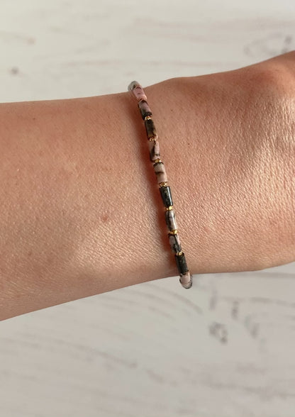 Dainty Rhodonite Gemstone Tube Bead Bracelet