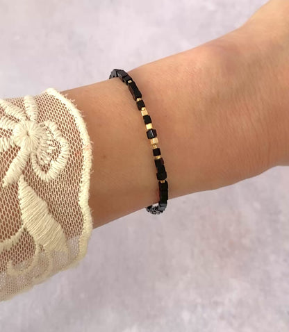 Black Agate Gemstone & Gold Fill Cube Bracelet