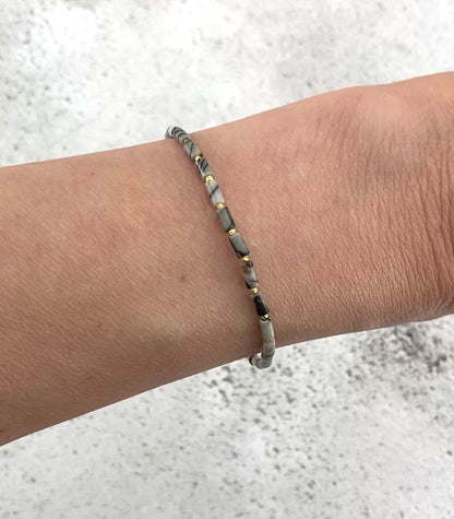Dainty Spider Web Jasper Gemstone Tube Bead Bracelet
