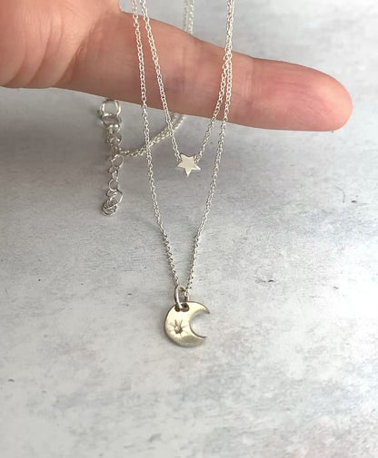 Dainty Moon & Star Two-Strand Layered Necklace (Sterling Silver)